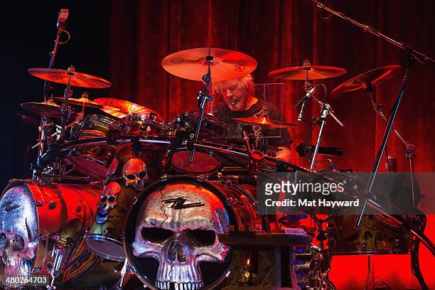 Drummer Frank Beard of ZZ Top performs on stage at The Moore Theater on March 23, 2014 in Seattle, Washington.