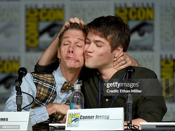 Actors Doug Jones and Connor Jessup speak onstage at the "Falling Skies" The Farewell panel during Comic-Con International 2015 at the San Diego...