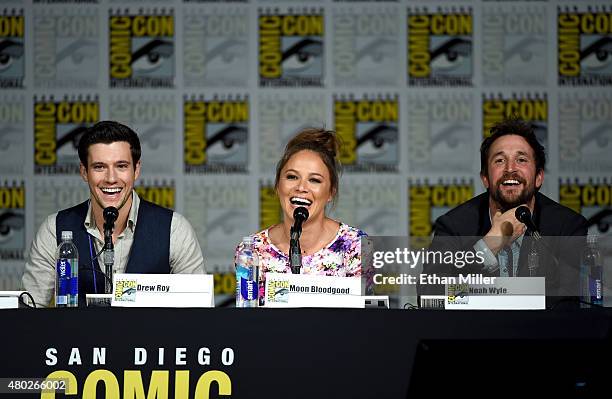 Actors Drew Roy, Moon Bloodgood and Noah Wyle speak onstage at the "Falling Skies" The Farewell panel during Comic-Con International 2015 at the San...