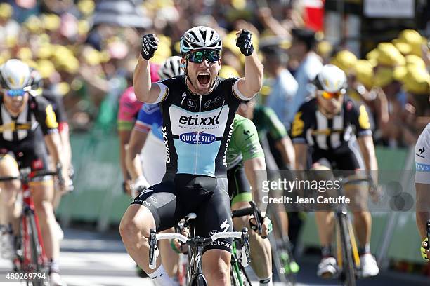 Mark Cavendish of Great Britain and Team Etixx-Quick Step celebrates winning the sprint finish during stage seven of the 2015 Tour de France, a 190.5...