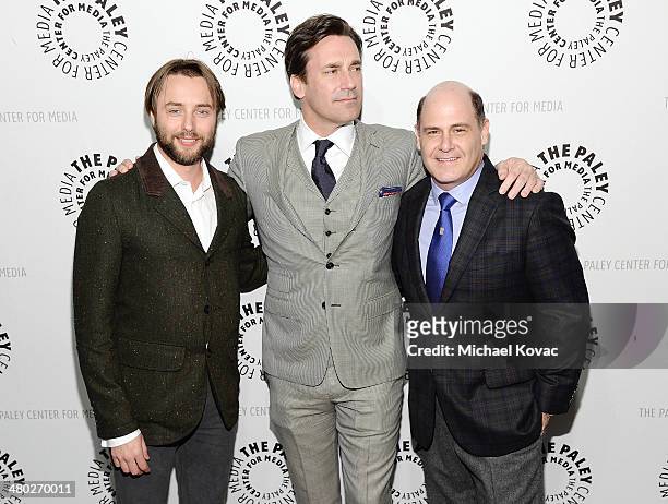 Actors Vincent Kartheiser, Jon Hamm, and producer Matthew Weiner attend The Paley Center For Media's PaleyFest 2014 Honoring "Mad Men" on March 21,...