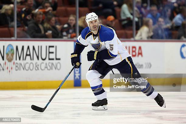 Barret Jackman of the St. Louis Blues skates against the Anaheim Ducks at Honda Center on February 28, 2014 in Anaheim, California.