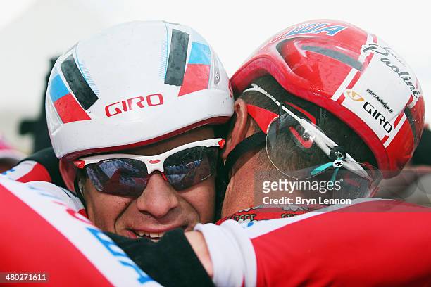 Alexander Kristoff of Norway and Team Katusha celebrates with team mate Luca Paolini after winning the 2014 Milan - San Remo on March 23, 2014 in...