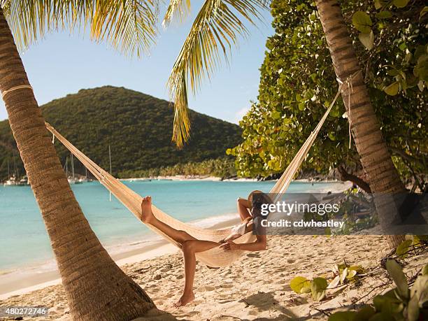 woman relaxing in a hammock at jost van dyke, bvi - brittiska jungfruöarna bildbanksfoton och bilder