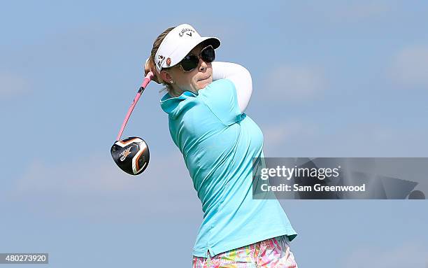 Morgan Pressel of the United States watches her tee shot on the ninth hole during the second round of the U.S. Women's Open at Lancaster Country Club...