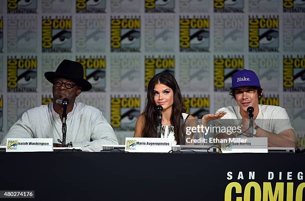 Actor Isaiah Washington, actress Marie Avgeropoulos and actor Bob Morley attend a special video presentation and panel for "The 100" during Comic-Con...