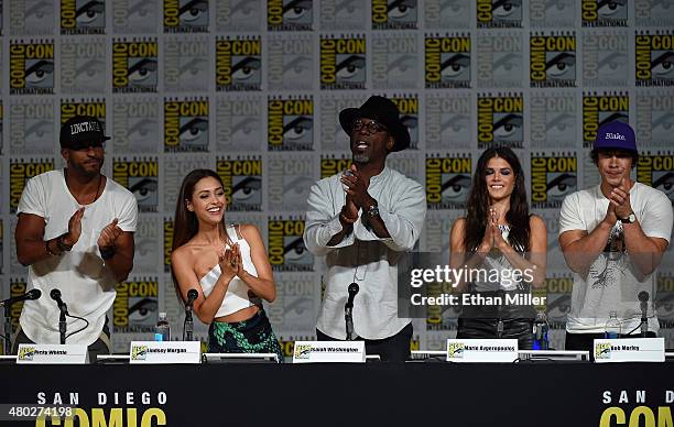 Actors Ricky Whittle, Lindsey Morgan, Isaiah Washington, Marie Avgeropoulos and Bob Morley attend a special video presentation and panel for "The...