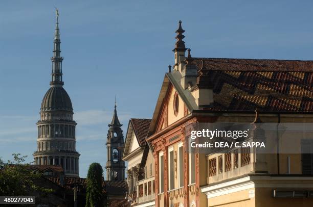 View of the cupola and bell tower of the Basilica of San Gaudenzio with Guido Cantelli Conservatory in the foreground, Novara, Piedmont, Italy.