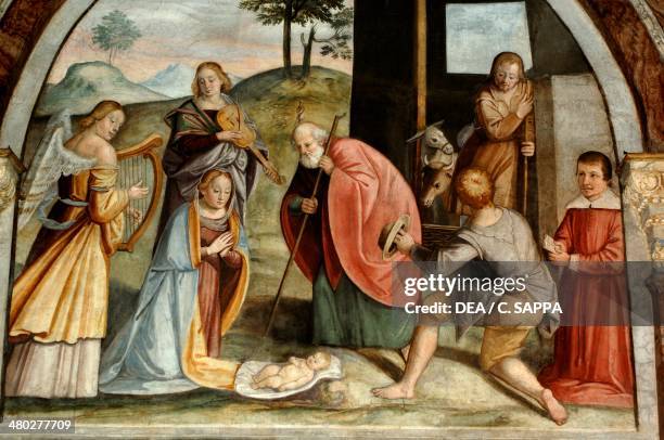 Nativity of Jesus , detail from the scenes of Jesus' childhood, fresco by Anselmo Allasina or Alesina, Holy Trinity Church, Biella, Piedmont, Italy.