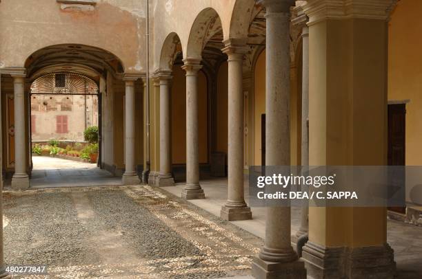 The porch of the inner courtyard of Ternengo Gromo Palace , medieval quarter in Piazzo, Biella, Piedmont, Italy.