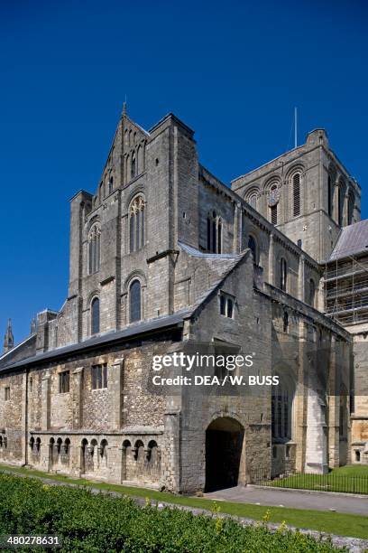 Exterior of the south transept of Winchester cathedral, built in 1079 in Perpendicular Gothic style, Winchester, Hampshire, United Kingdom.