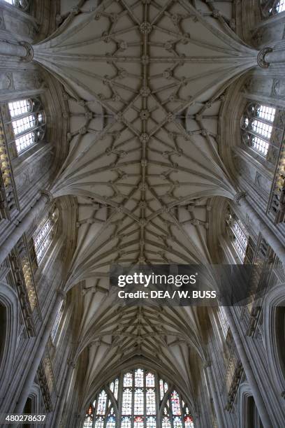 The vault of the nave in Winchester cathedral, built in 1079 in Perpendicular Gothic style, Winchester, Hampshire, United Kingdom.