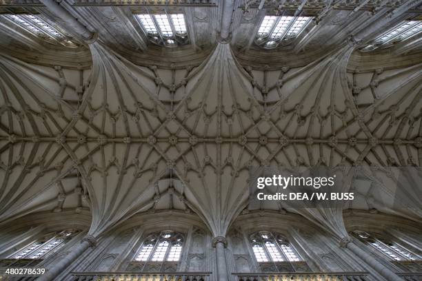 Interior of Winchester cathedral, built in 1079 in Perpendicular Gothic style. The vault of the nave, Winchester, Hampshire, United Kingdom.