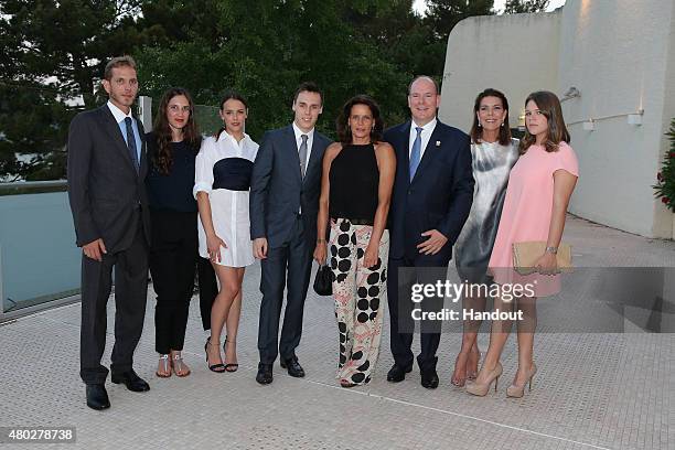 In This Handout Provided by the Monaco Press Center, Andrea Casiraghi and his wife, Pauline Ducruet, Louis Ducruet, Princess Stephanie of Monaco,...