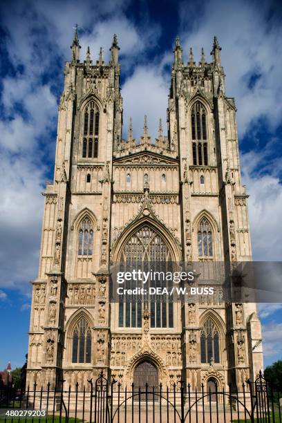 The facade of the Gothic style Beverley Minster , administrative division of the East Riding of Yorkshire, United Kingdom.