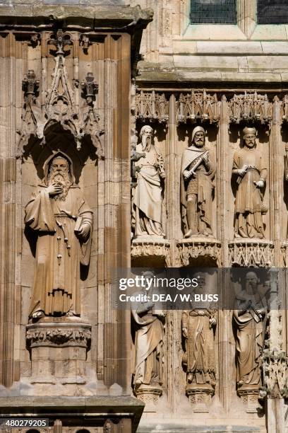 Statues on the facade of the Gothic style Beverley Minster , administrative division of the East Riding of Yorkshire, United Kingdom.