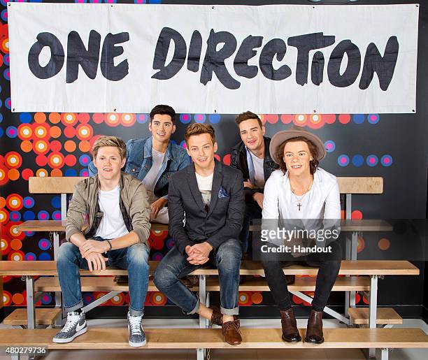 The wax figures depicting Niall Horan, Liam Payne, Harry Styles and Louis Tomlinson of One Direction are displayed at Madame Tussauds July 8, 2015 in...