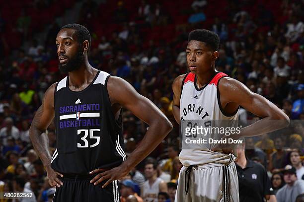 Leslie of the Sacramento Kings and Bruno Caboclo of the Toronto Raptors look on during the game on July 10, 2015 at the Thomas & Mack Center in Las...