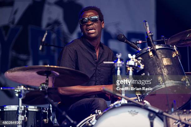 Nathanael Dembele of Songhoy Blues performs at the Somerset House Summer Series on July 10, 2015 in London, England.