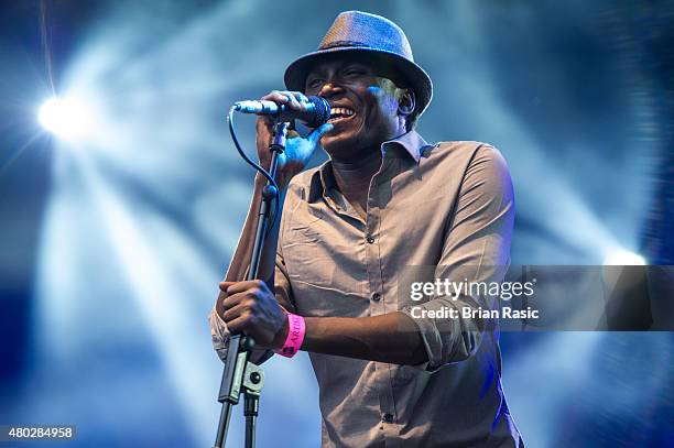 Aliou Toure of Songhoy Blues performs at the Somerset House Summer Series on July 10, 2015 in London, England.