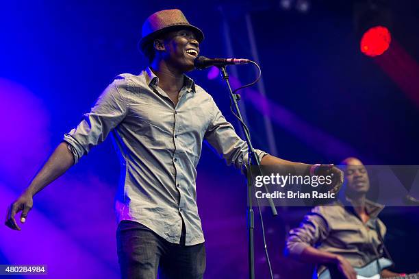 Aliou Toure of Songhoy Blues performs at the Somerset House Summer Series on July 10, 2015 in London, England.