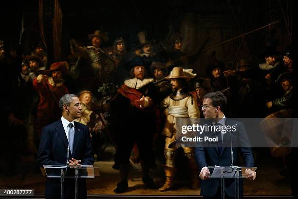 President Barack Obama and Prime Minister of the Netherlands Mark Rutte are seen giving a press conference during a visit to the Rijksmuseum ahead of...