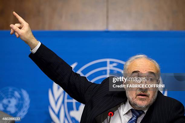 World Meterological Organization secretary general Michel Jarraud gestures during a press conference as he released his agency's annual climate...