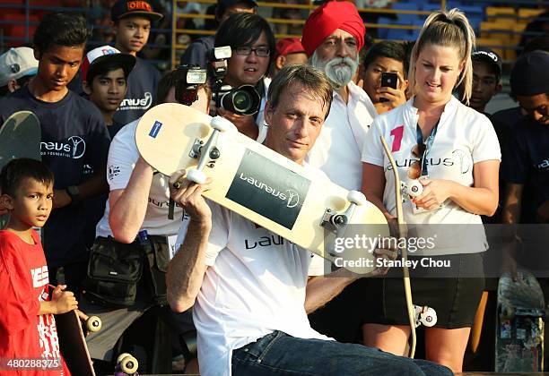 Laureus Academy Member Tony Hawk visits an urban skateboard park ahead of the Laureus World Sports Awards at Kiara Skate Park on March 24, 2014 in...