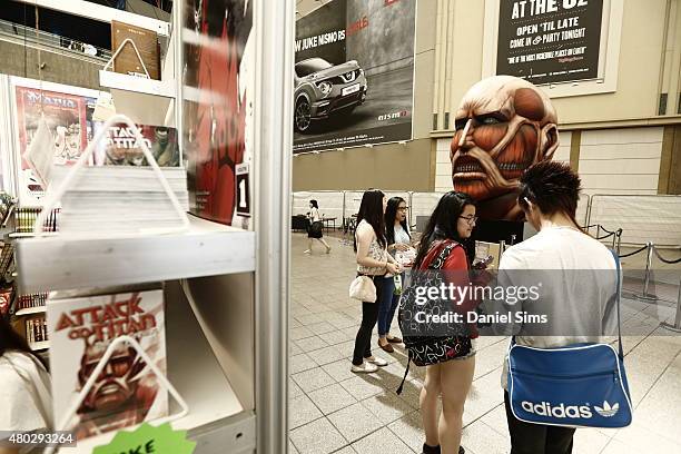 Replica head from anime series 'Attack on Titan' at Hyper Japan, the UK's biggest Japanese culture event on July 10, 2015 at The O2 Arena in London,...