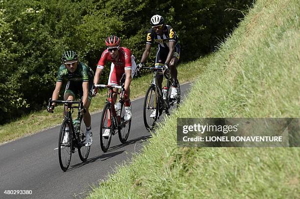 France's Perrig Quemeneur, Belgium's Kenneth Van Bilsen and Eritrea's Daniel Teklehaimanot ride in a breakaway during the 191.5 km sixth stage of the...