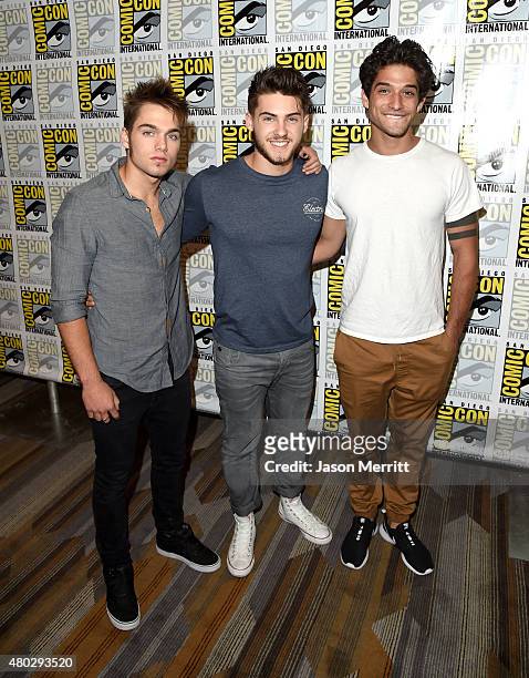 Actors Dylan Sprayberry, Cody Christian and Tyler Posey attend the "Teen Wolf" press room during Comic-Con International 2015 at the Hilton Bayfront...