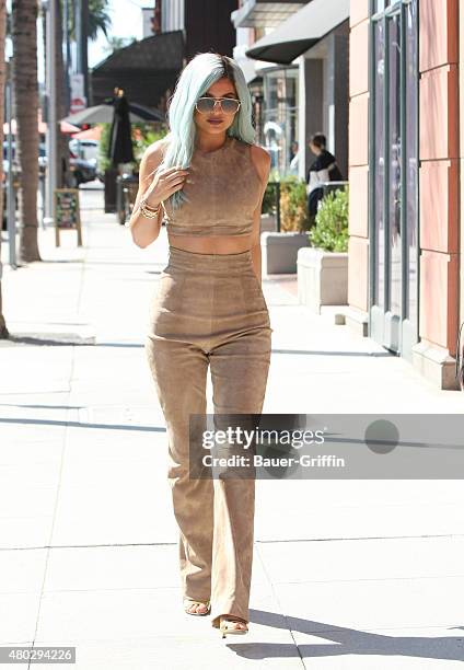 Kylie Jenner with blue hair is seen on July 10, 2015 in Los Angeles, California.