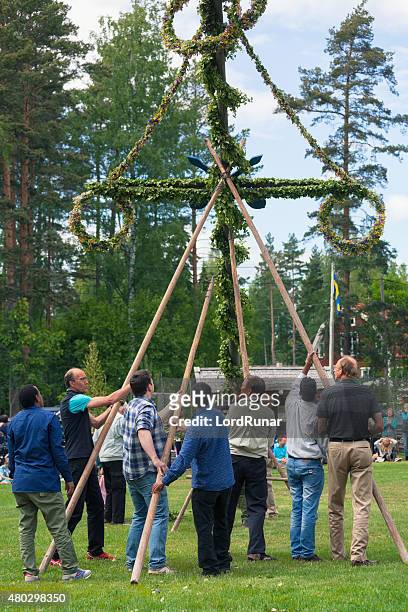 raising the maypole at midsummer - midsommar stock pictures, royalty-free photos & images