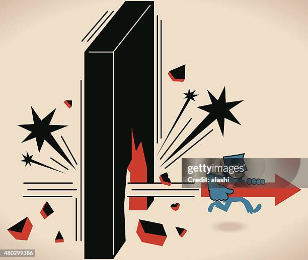 businessman running and breaking trough a wall with arrow symbol - breaking boundaries stock illustrations