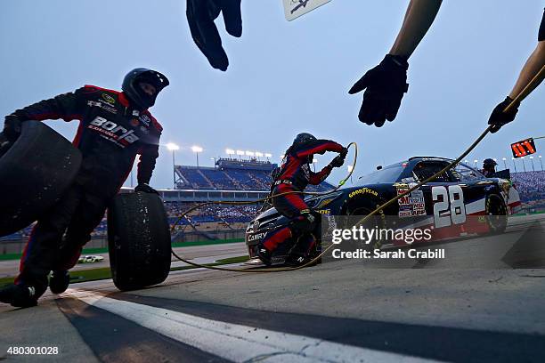 Yeley, driver of the JGL Racing Toyota, pits during the NASCAR XFINITY Series Kentucky 300 at Kentucky Speedway on July 10, 2015 in Sparta, Kentucky.