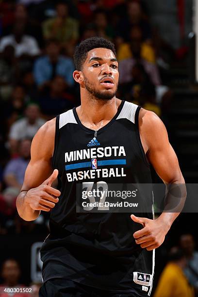 Karl-Anthony Towns of the Minnesota Timberwolves runs up the court against the Los Angeles Lakers during NBA Summer League on July 10, 2012 at the...