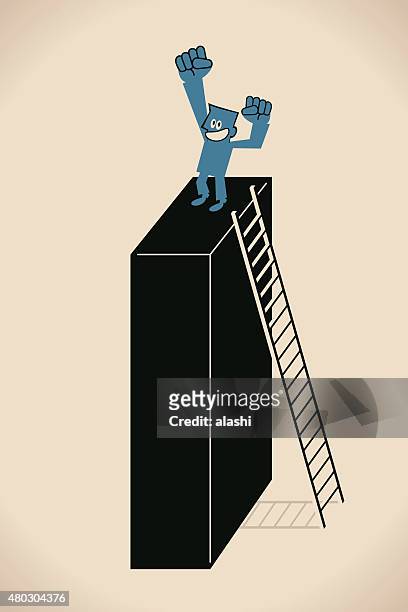 punching the air, businessman standing on a wall with ladder - punching the air stock illustrations