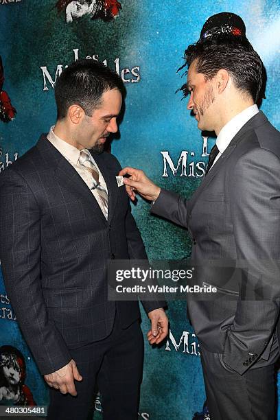 Ramin Karimloo and Will Swenson attends the Broadway Opening Night After Party Reception for "Les Miserables" at The Imperial Theater on March 23,...