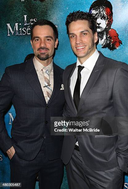Ramin Karimloo and Will Swenson attends the Broadway Opening Night After Party Reception for "Les Miserables" at The Imperial Theater on March 23,...