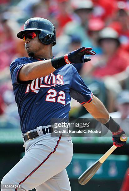 Wilkin Ramirez of the Minnesota Twins bats during a spring training game against the St. Louis Cardinals at Roger Dean Stadium on March 19, 2014 in...