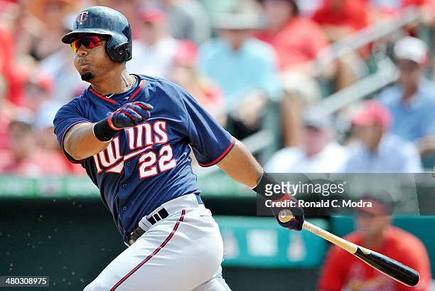 Wilkin Ramirez of the Minnesota Twins bats during a spring training game against the St. Louis Cardinals at Roger Dean Stadium on March 19, 2014 in...