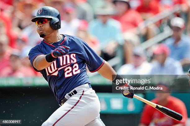 Wilkin Ramirez of the Minnesota Twins bats during a spring training game against the St. Louis Cardinals at Roger Dean Stadium on March 19, 2014 in...