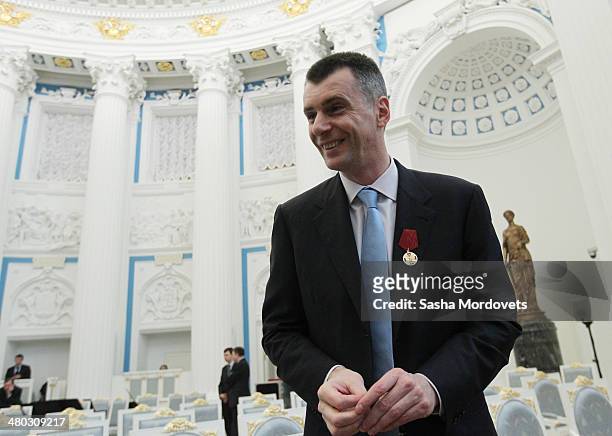 Russian businessman Milkhail Prokhorov attends a state award ceremony honoring participants of the Olympic and Paralympics Games in Sochi in the...