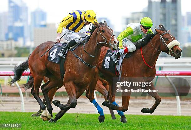 Craig Williams riding Illustrious Lad beats Jake Noonan riding Sang Choi Bao to win race 2 the A.R. Creswick Series Final during Flemington Finals...