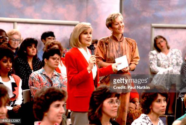 Television host Jenny Jones speaks with members of the audience during her talk show, Chicago, Illinois, September 6, 1991.