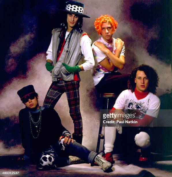 Portrait of music group Jane's Addiction, Chicago, Illinois, November 27, 1988. Pictured are, from left, musicians Dave Navarro, Perry Farrell, Eric...