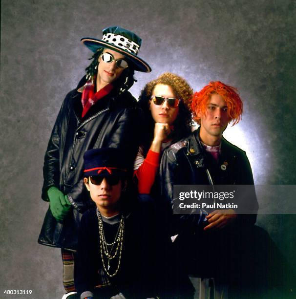 Portrait of music group Jane's Addiction, Chicago, Illinois, November 27, 1988. Pictured are, from left, musicians Perry Farrell , Dave Navarro ,...