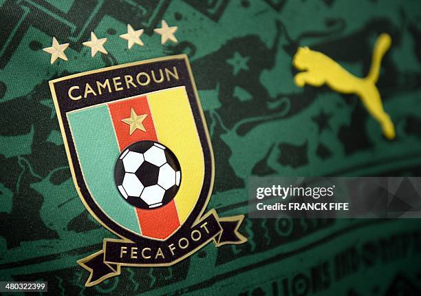 Picture taken on March 24 in Paris, shows a partial view of the new jersey of the Cameroon national football team. AFP PHOTO / FRANCK FIFE