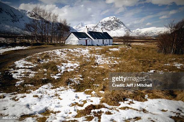 View of Black Rock Cottage and Buachaille Etive Mor in Glen Coe on March 24, 2014 in Glen Coe, Scotland. A referendum on whether Scotland should be...
