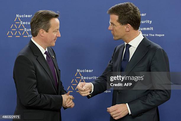 Dutch Foreign Minister Mark Rutte greets British Prime Minister David Cameron upon his arrival at The World Forum in The Hague on March 24, 2014 on...